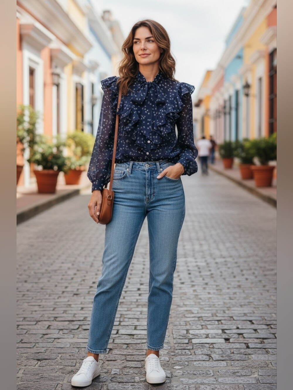 Veronica Beard Navy Ruffle Tie-Neck Blouse